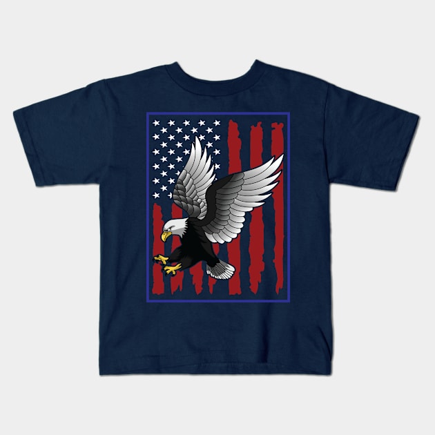 Patriotic USA Flag Painted Stripes Eagle Landing Wing Spread Kids T-Shirt by CoffeeandTeas